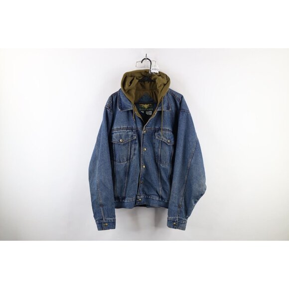 Vintage 90s Streetwear Mens Medium Distressed Hooded Denim Jean Trucker Jacket